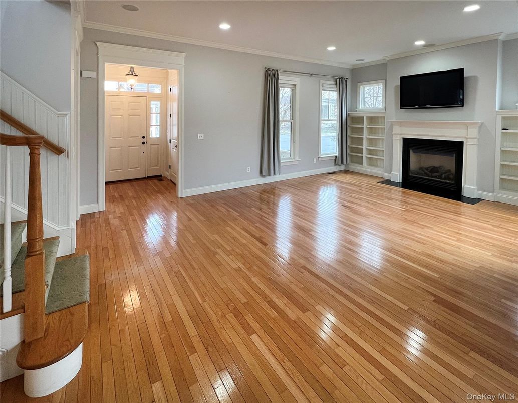 Empty room, Fireplace, Interior, Recessed Lighting, Wood Texture Flooring