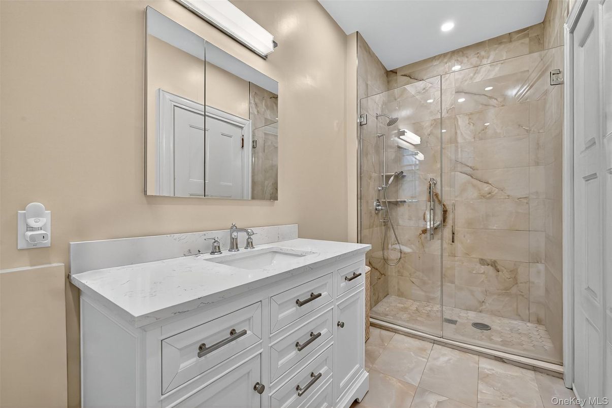 Bathroom, Glass Shower, Interior, Marble Walls, Recessed Lighting