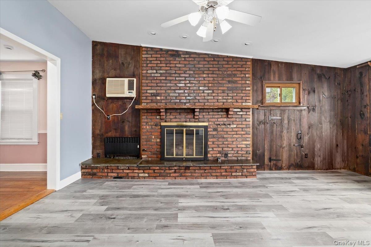 Empty room, Fireplace, Interior, Stone Walls, Wood Texture Flooring, Wooden Walls
