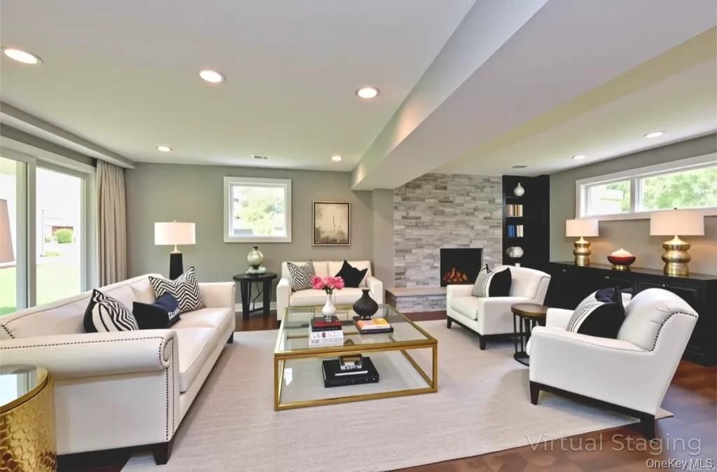 Fireplace, Interior, Living room, Recessed Lighting, Stone Walls, Wood Texture Flooring