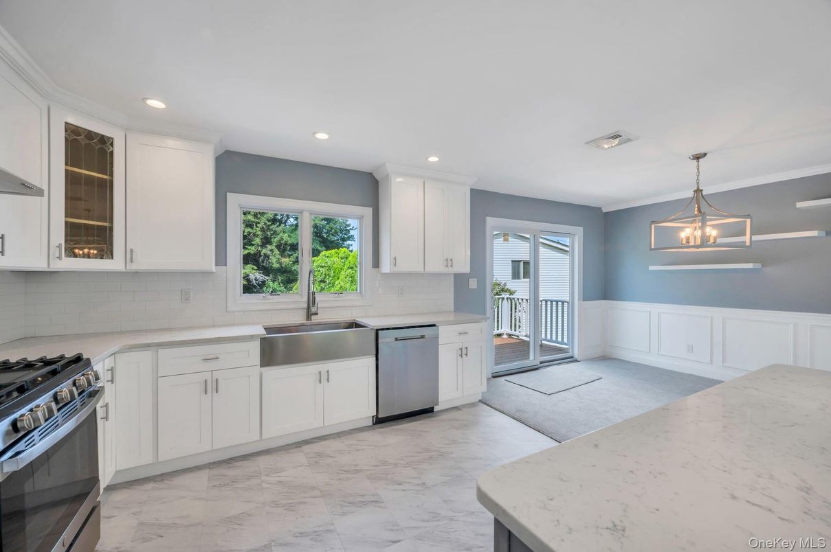 Interior, Kitchen, Marble, Pendant Lights, Recessed Lighting, Stainless Steel Appliances