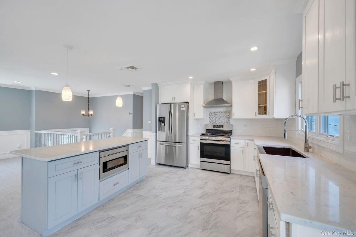 Interior, Kitchen, Marble, Pendant Lights, Recessed Lighting, Stainless Steel Appliances