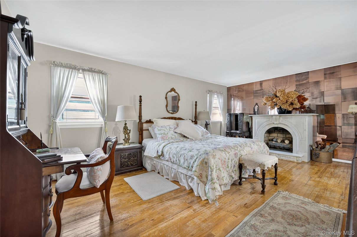 Bedroom, Fireplace, Interior, Wood Texture Flooring, Wooden Walls