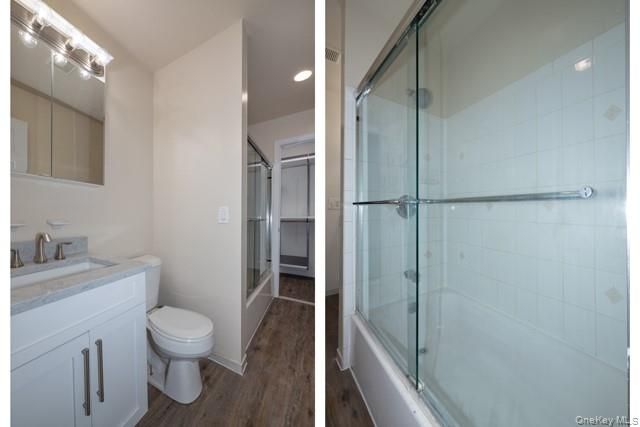 Bathroom, Glass Shower, Interior, Recessed Lighting, Wood Texture Flooring