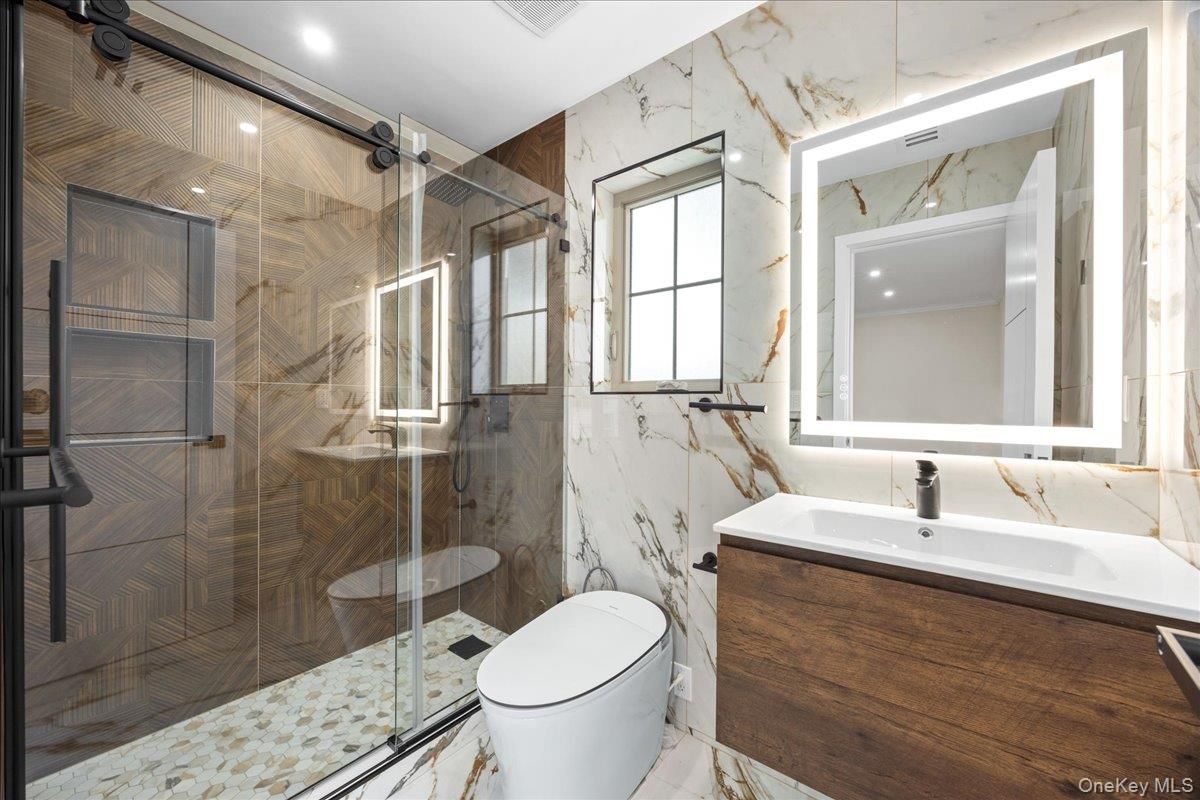 Bathroom, Glass Shower, Interior, Marble Walls, Recessed Lighting