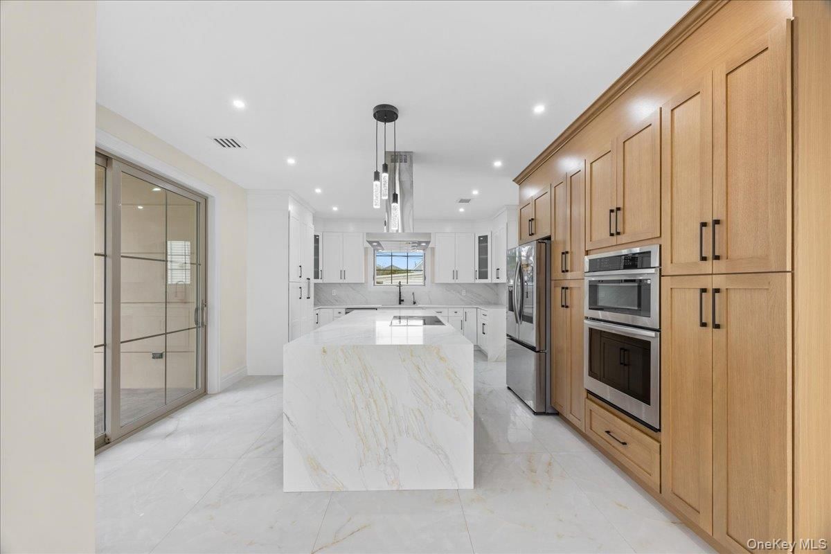 Interior, Kitchen, Marble, Pendant Lights, Recessed Lighting, Stainless Steel Appliances