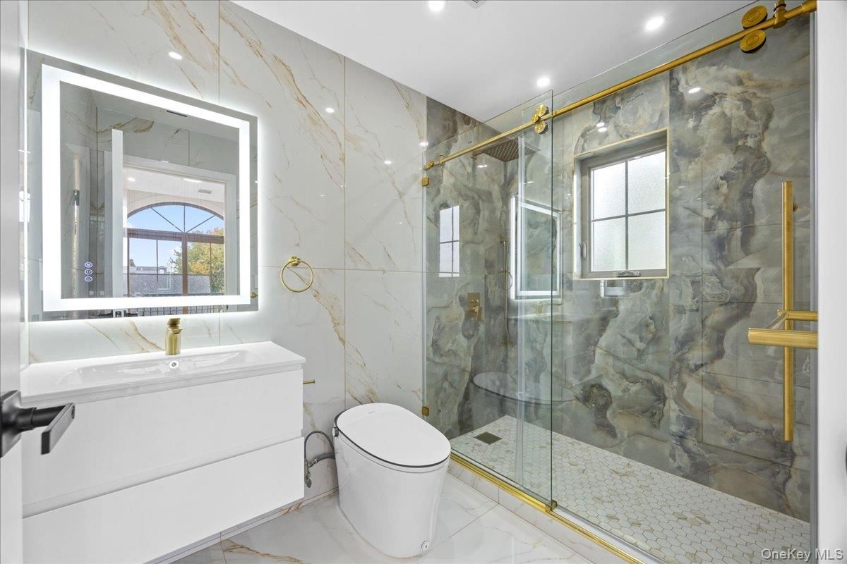 Bathroom, Glass Shower, Interior, Marble, Marble Walls, Recessed Lighting