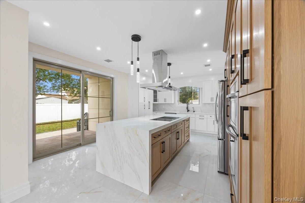 Interior, Kitchen, Marble, Pendant Lights, Recessed Lighting, Stainless Steel Appliances