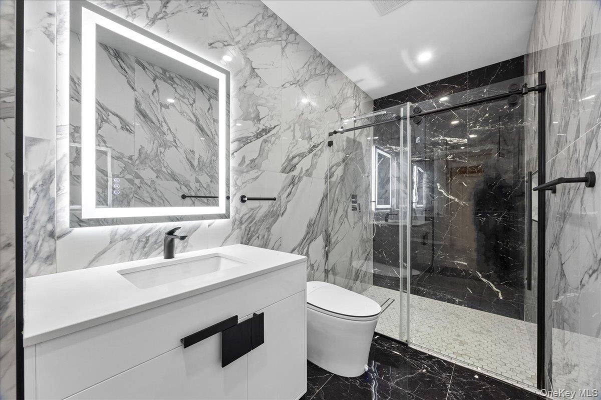Bathroom, Glass Shower, Interior, Marble, Marble Walls, Recessed Lighting