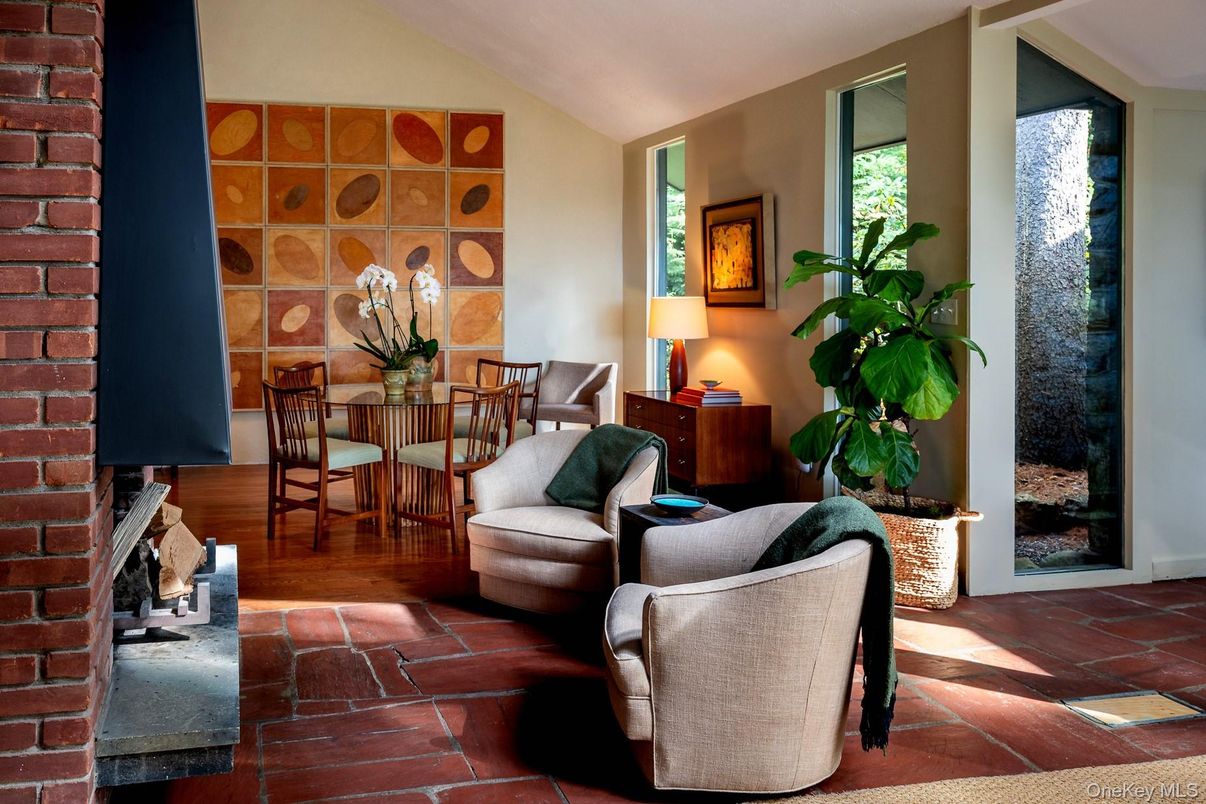 Dining room, Fireplace, Interior, Living room, Stone Walls, Wood Texture Flooring