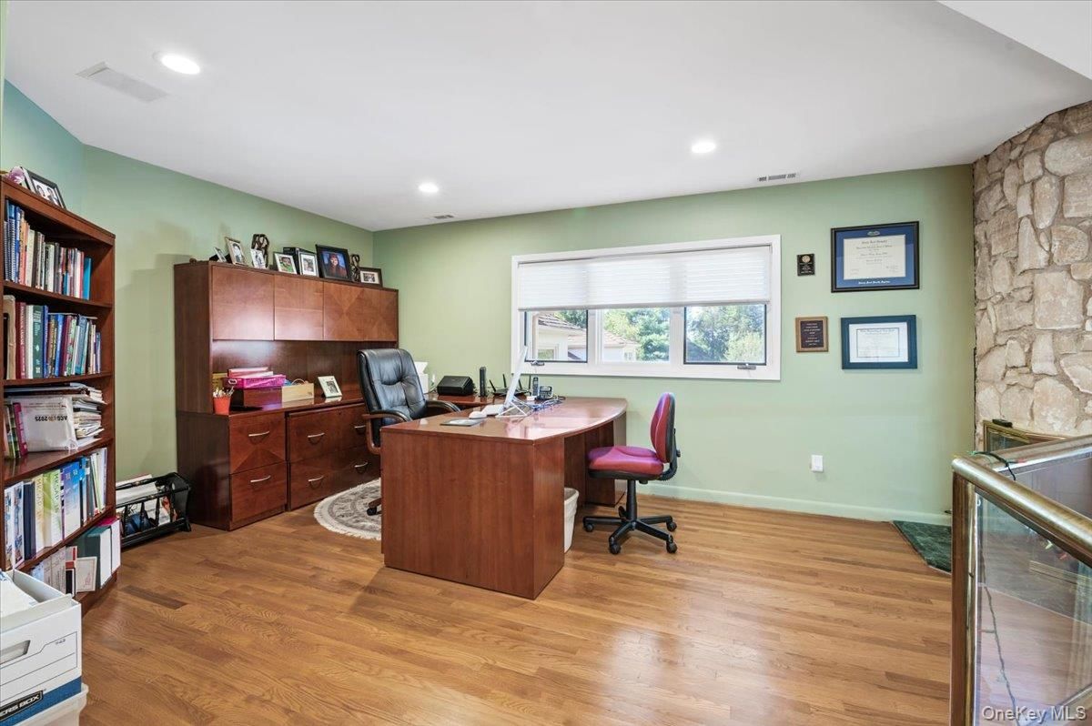 Home Office, Interior, Recessed Lighting, Stone Walls, Wood Texture Flooring