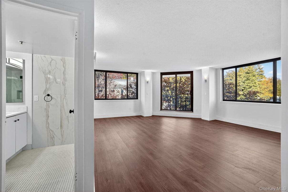 Bathroom, Empty room, Interior, Marble Walls, Wood Texture Flooring