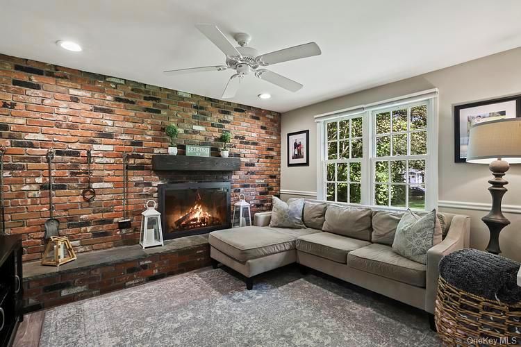 Fireplace, Interior, Living room, Recessed Lighting, Stone Walls