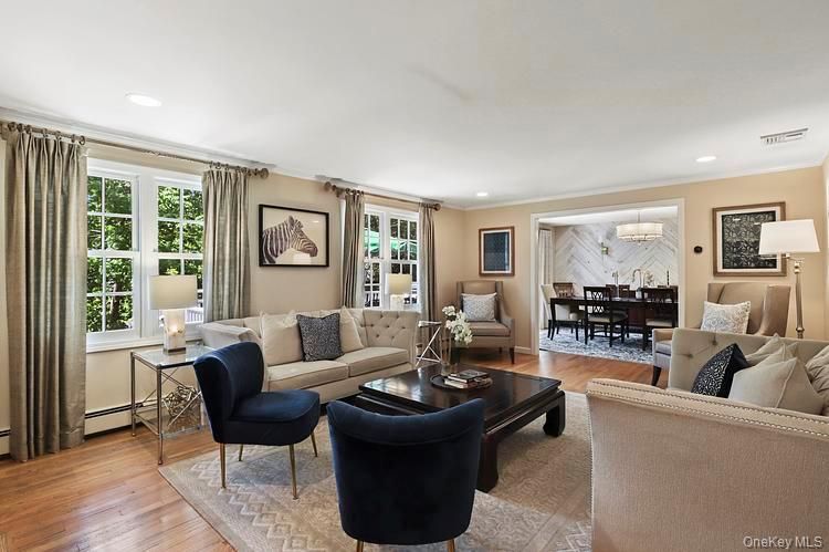 Dining room, Interior, Living room, Marble Walls, Recessed Lighting, Wood Texture Flooring