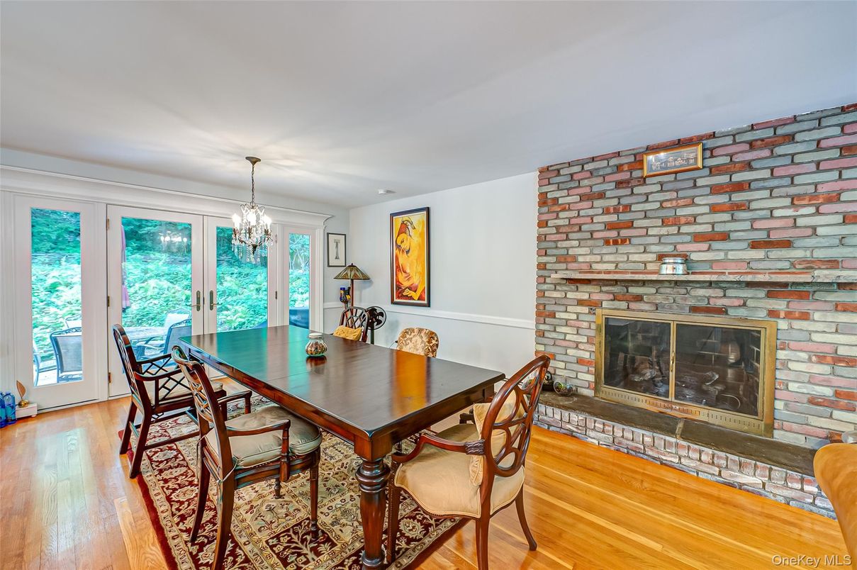 Dining room, Fireplace, Interior, Stone Walls, Wood Texture Flooring