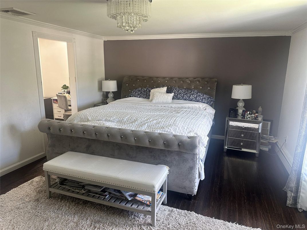 Bedroom, Chandelier, Interior, Wood Texture Flooring