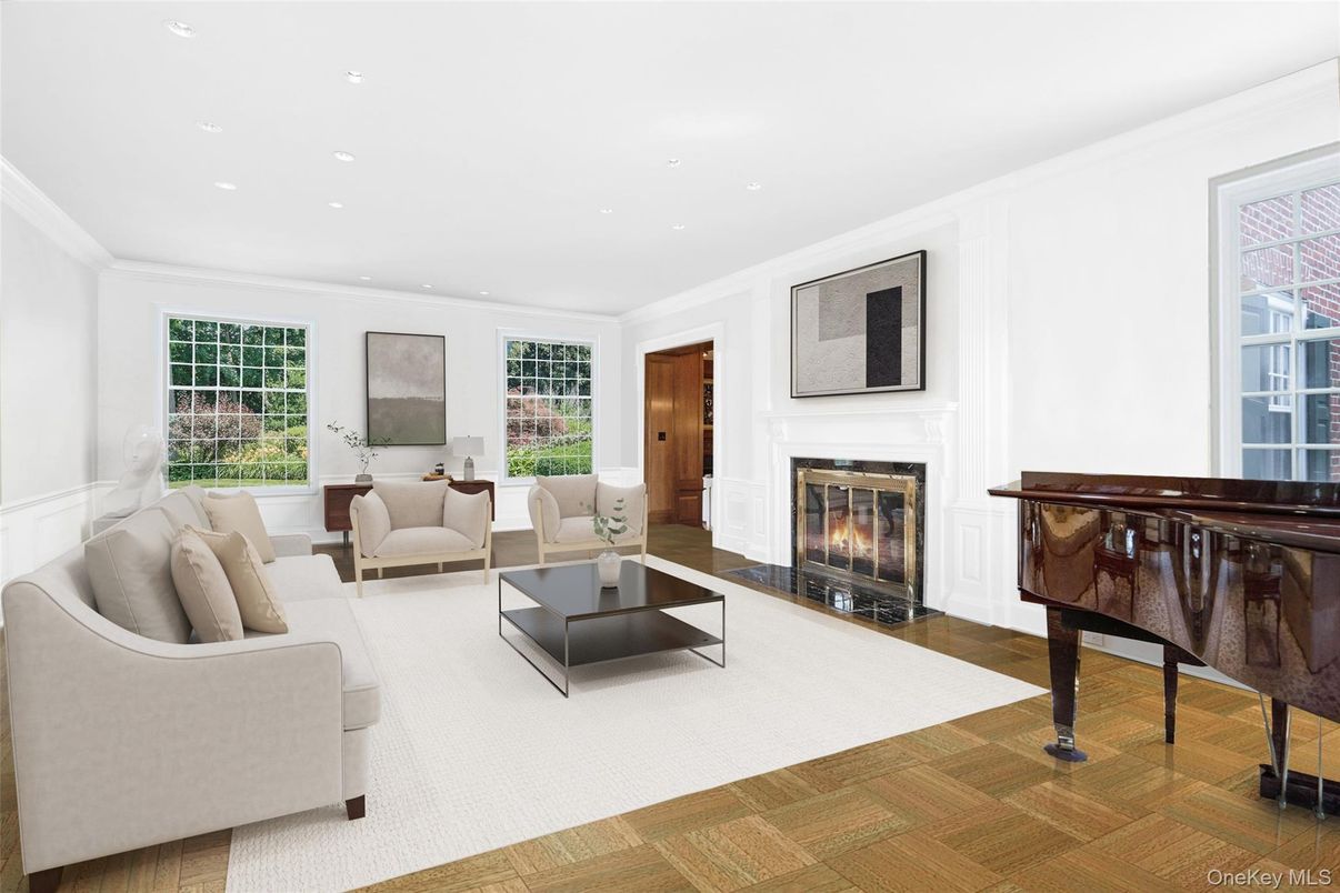 Fireplace, Interior, Living room, Piano, Recessed Lighting, Wood Texture Flooring