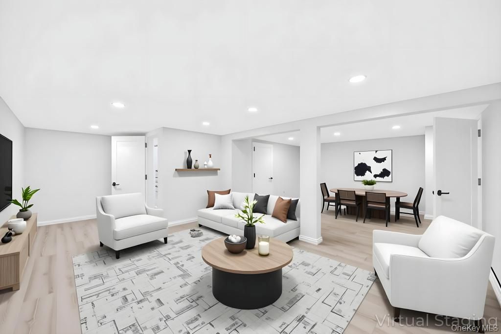 Dining room, Interior, Living room, Recessed Lighting, Wood Texture Flooring