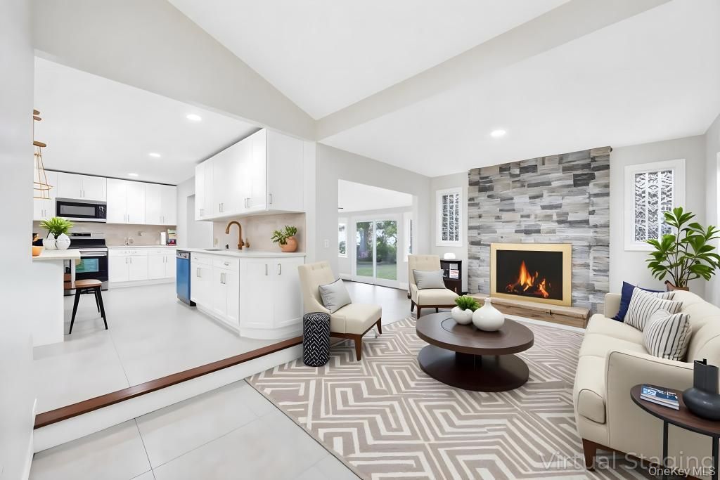 Fireplace, Interior, Kitchen, Living room, Recessed Lighting, Stone Walls