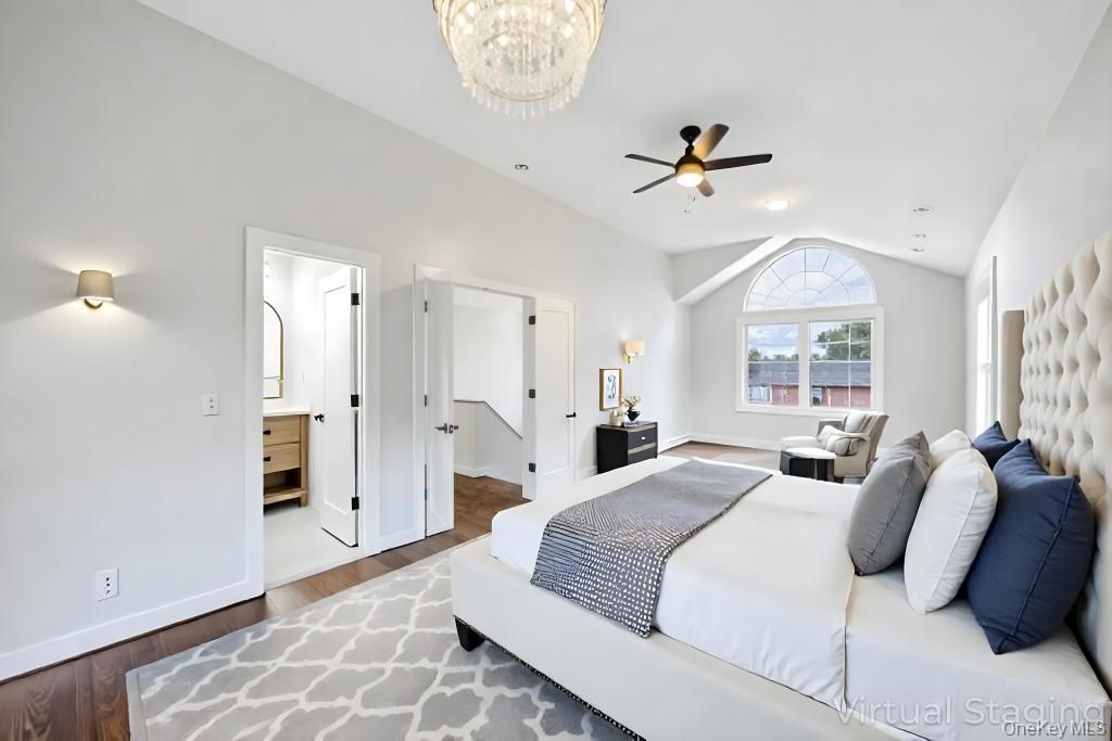 Bedroom, Chandelier, Interior, Recessed Lighting, Wood Texture Flooring