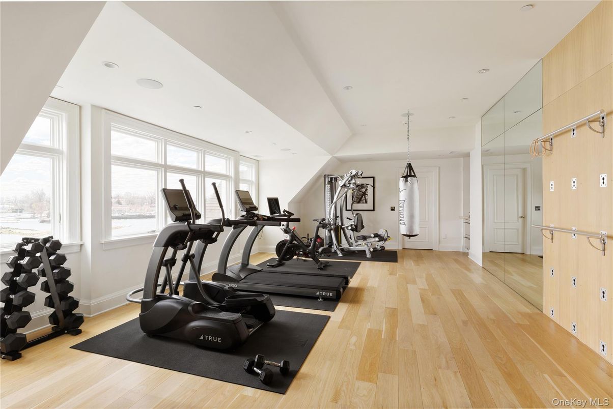 Fitness Equipment, Gym, Interior, Recessed Lighting, Wood Texture Flooring