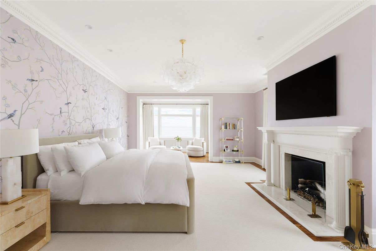 Bedroom, Chandelier, Fireplace, Interior