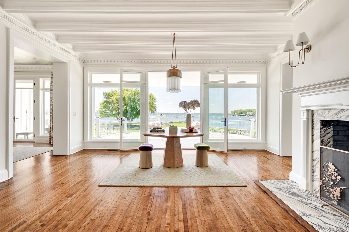 Fireplace, Interior, Pendant Lights, Water, Wood Texture Flooring