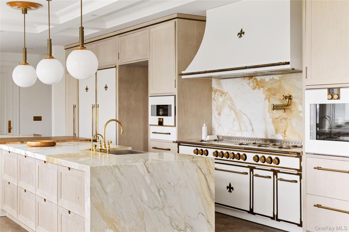 Interior, Kitchen, Marble Walls, Pendant Lights, Stainless Steel Appliances