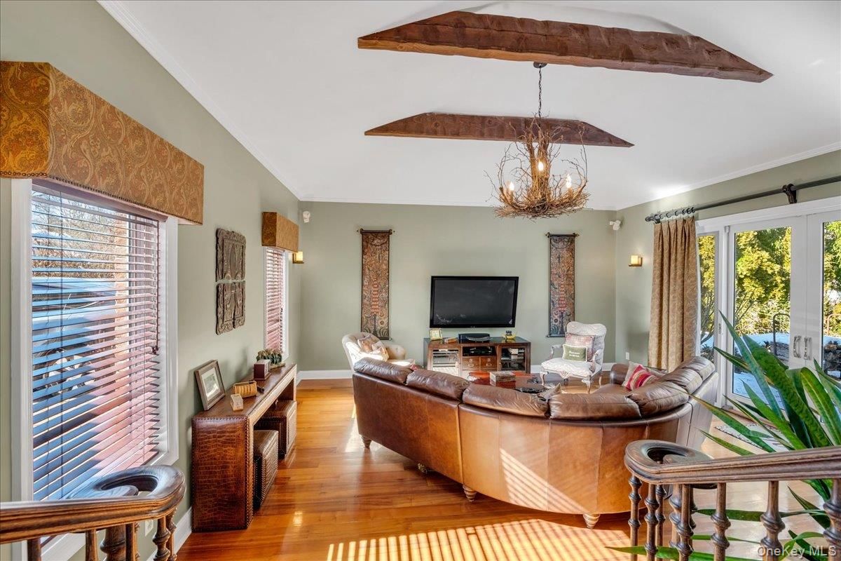 Chandelier, Interior, Living room, Wooden Beams, Wood Texture Flooring