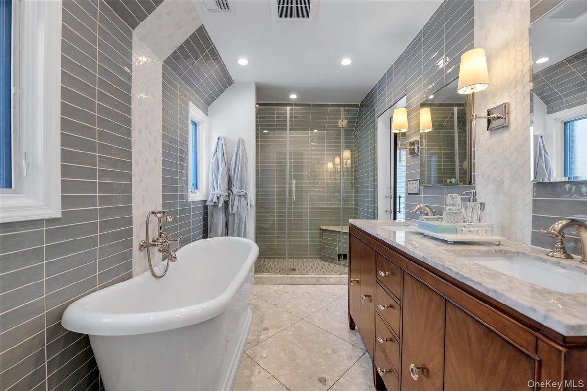 Bathroom, Dual Sink Vanities, Free Standing Baths, Glass Shower, Interior, Recessed Lighting