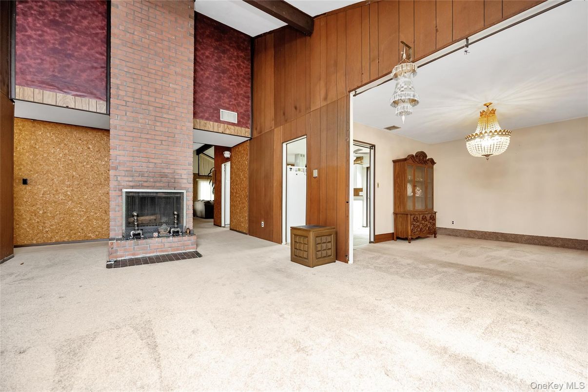 Chandelier, Empty room, Fireplace, Interior, Wooden Walls