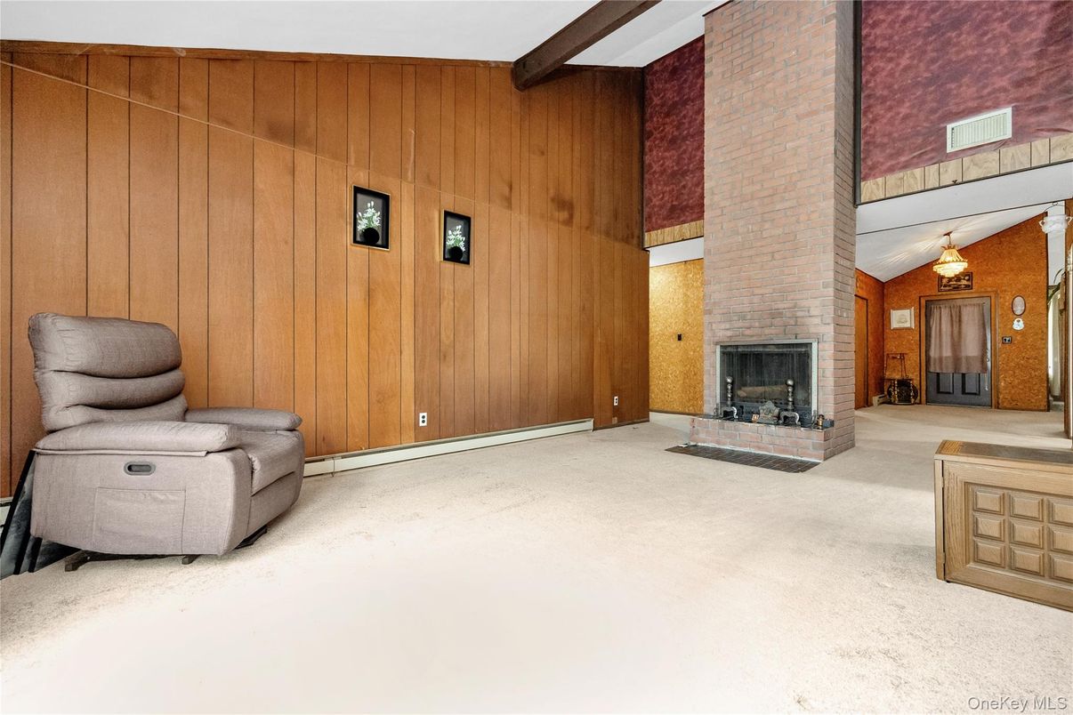 Empty room, Fireplace, Interior, Stone Walls, Wooden Beams, Wooden Walls