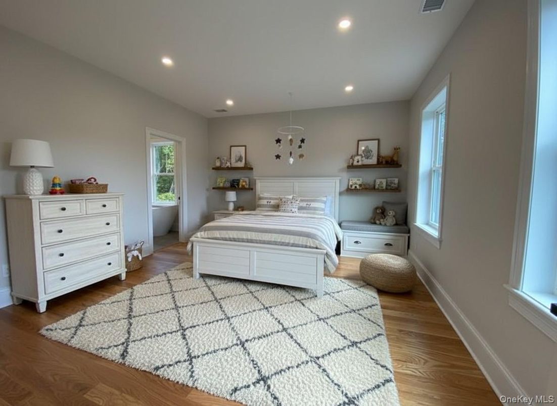 Bedroom, Interior, Recessed Lighting, Wood Texture Flooring