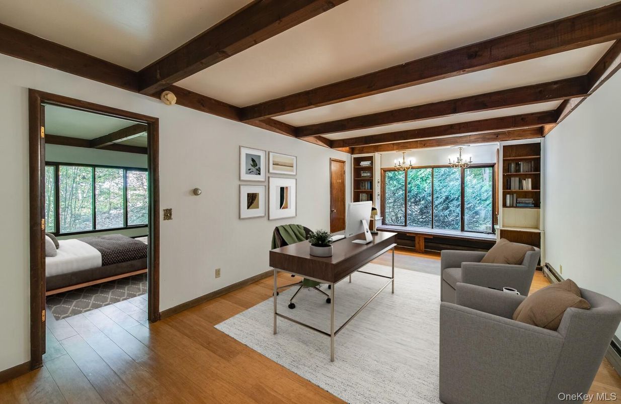 Chandelier, Home Office, Interior, Living room, Wooden Beams, Wood Texture Flooring