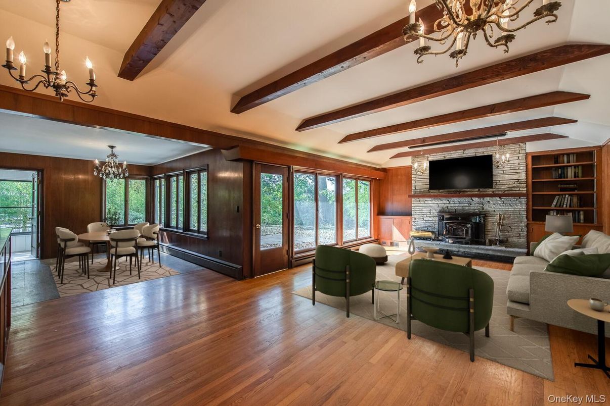 Chandelier, Dining room, Fireplace, Interior, Living room, Wooden Beams, Wood Texture Flooring