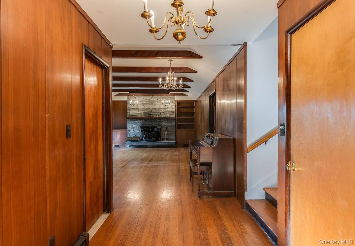 Chandelier, Fireplace, Interior, Piano, Wooden Beams, Wood Texture Flooring, Wooden Walls