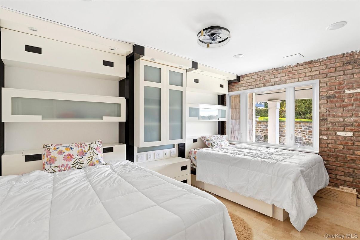 Bedroom, Interior, Recessed Lighting, Stone Walls, Wood Texture Flooring