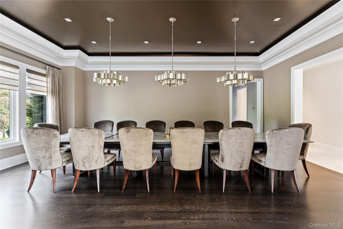 Chandelier, Dining room, Interior, Pendant Lights, Recessed Lighting, Wood Texture Flooring