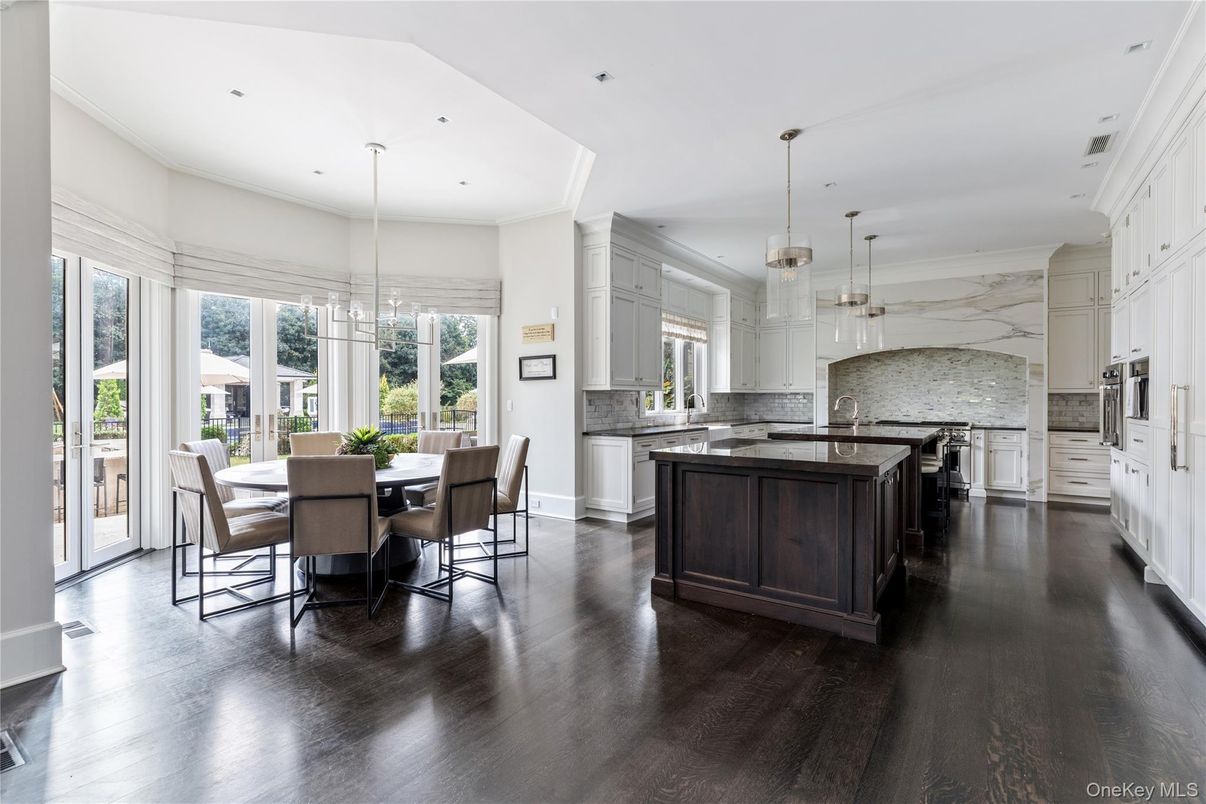 Dining room, Interior, Kitchen, Marble Walls, Pendant Lights, Recessed Lighting, Wood Texture Flooring