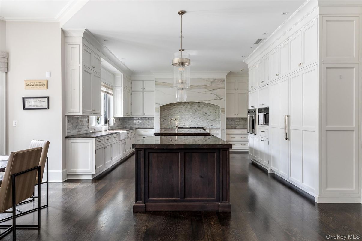 Interior, Kitchen, Marble Walls, Pendant Lights, Recessed Lighting, Stainless Steel Appliances, Wood Texture Flooring