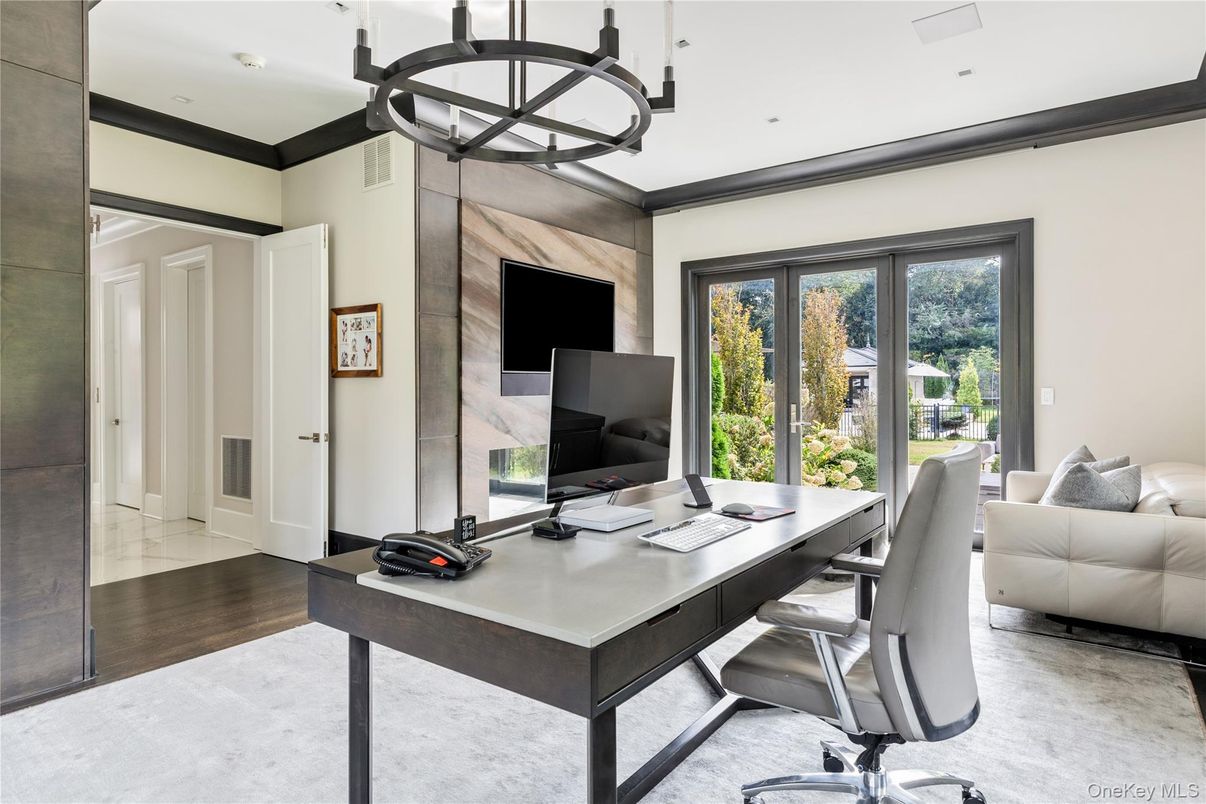 Chandelier, Home Office, Interior, Recessed Lighting, Wood Texture Flooring