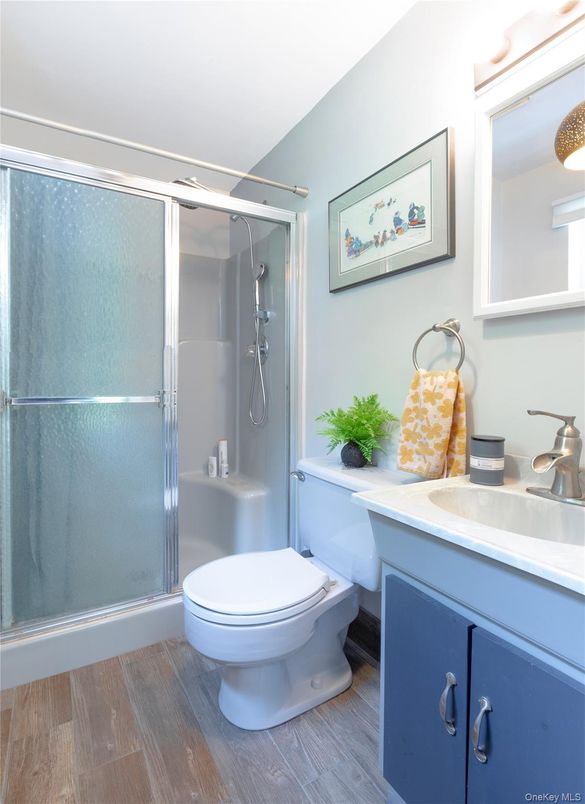 Bathroom, Glass Shower, Interior, Wood Texture Flooring