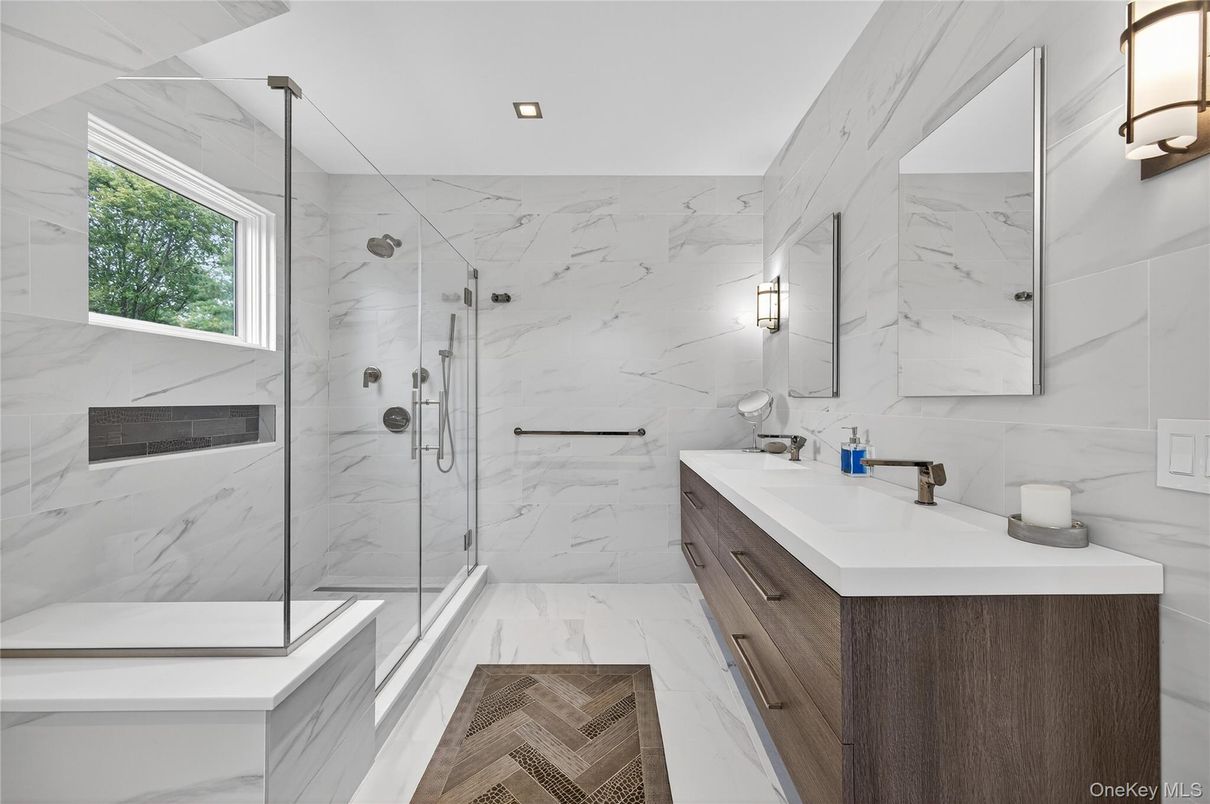 Bathroom, Glass Shower, Interior, Marble, Marble Walls, Recessed Lighting, Wood Texture Flooring