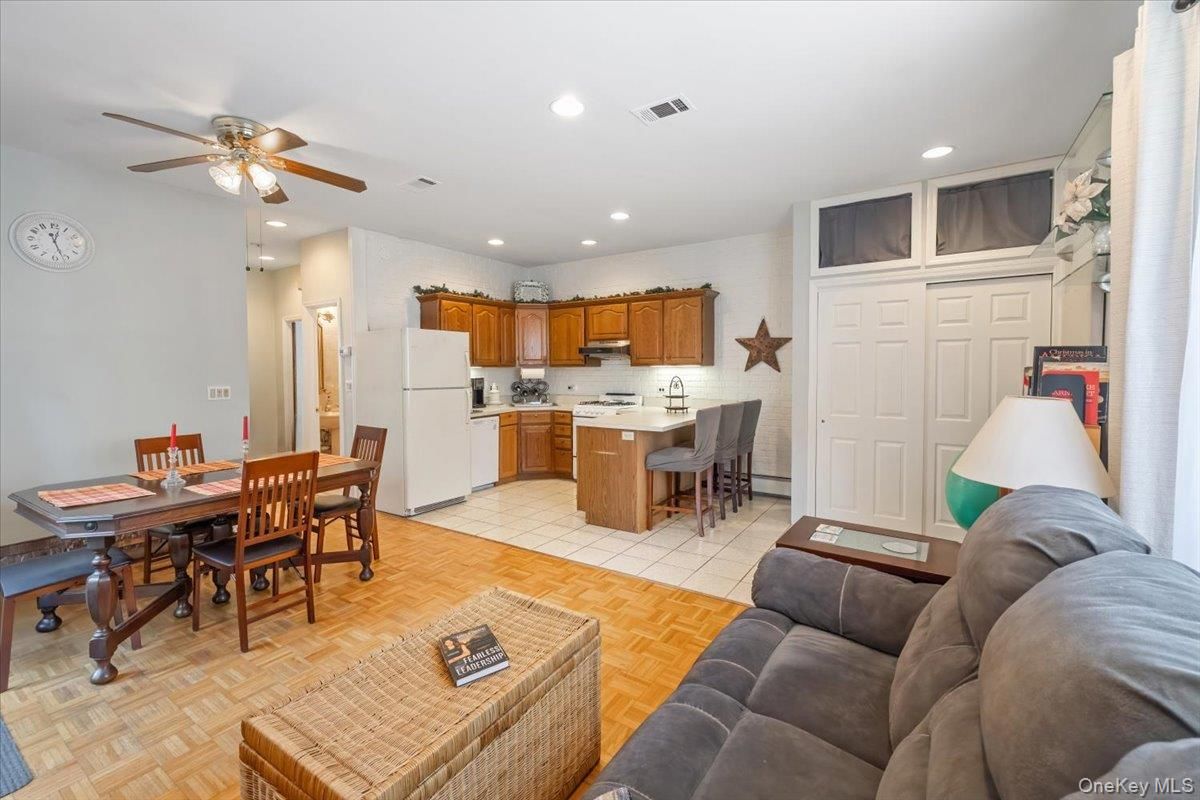 Dining room, Interior, Kitchen, Living room, Recessed Lighting, Wood Texture Flooring