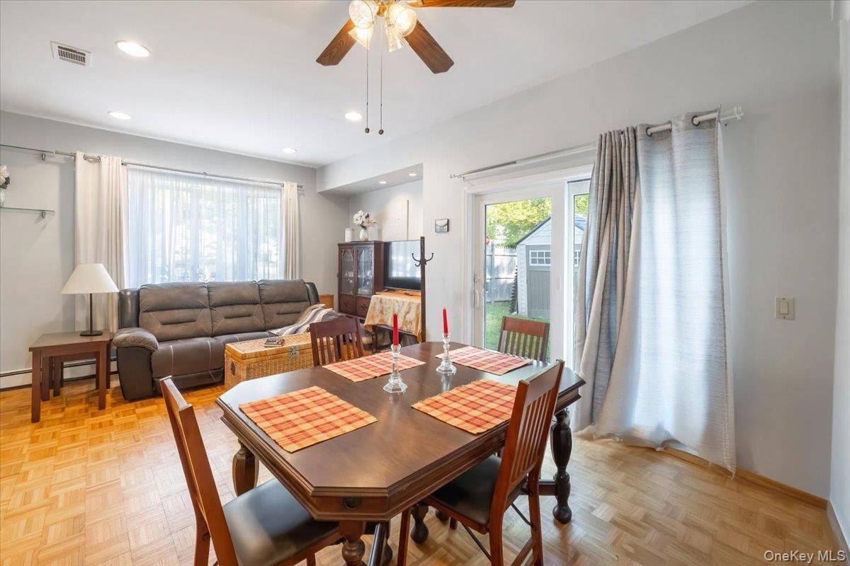 Dining room, Interior, Living room, Recessed Lighting, Wood Texture Flooring