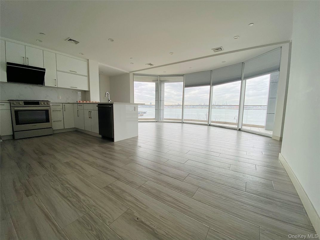 Interior, Kitchen, Recessed Lighting, Stainless Steel Appliances, Water, Wood Texture Flooring