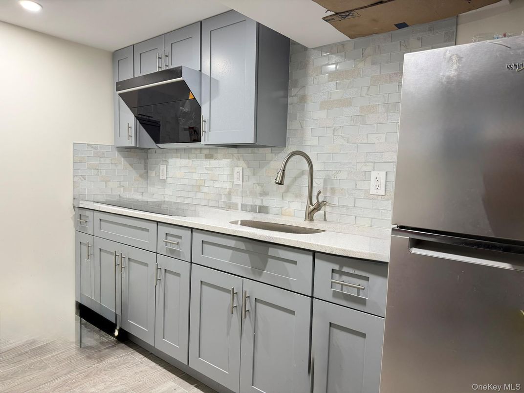 Interior, Kitchen, Recessed Lighting, Stone Walls, Wood Texture Flooring