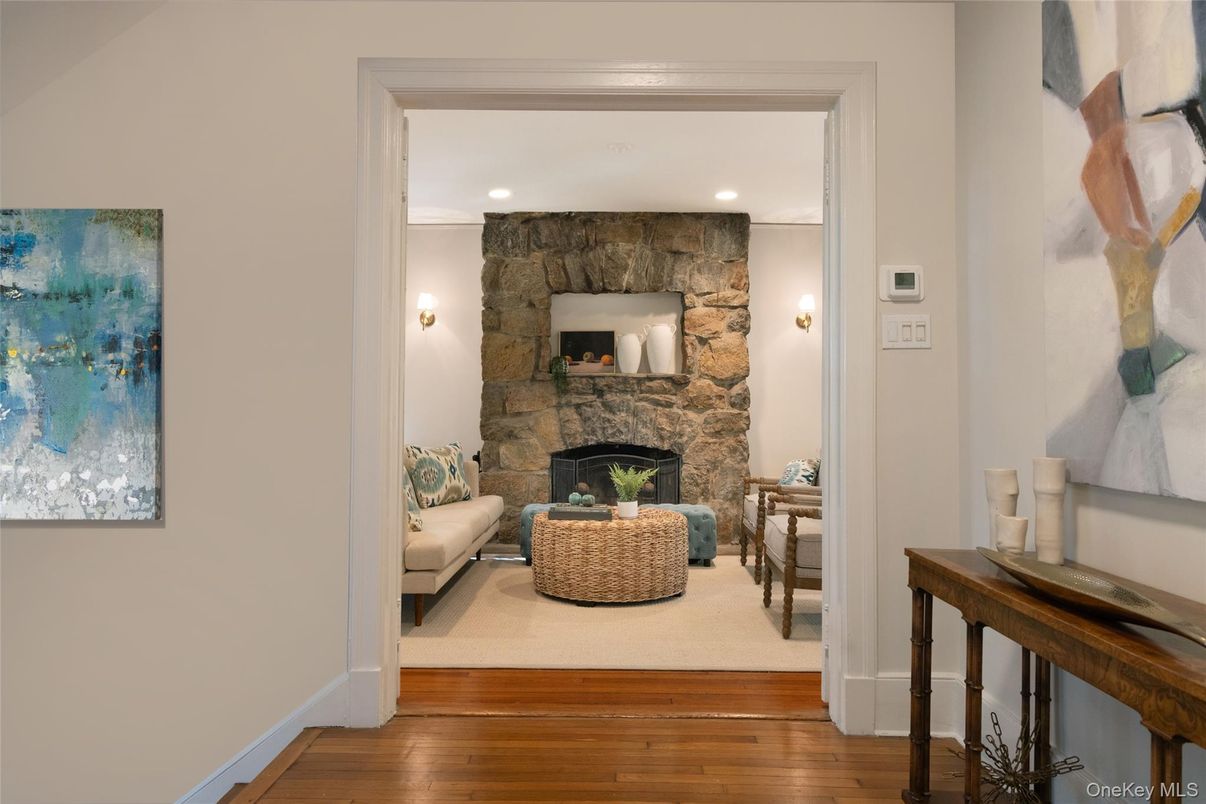 Fireplace, Interior, Recessed Lighting, Stone Walls, Wood Texture Flooring
