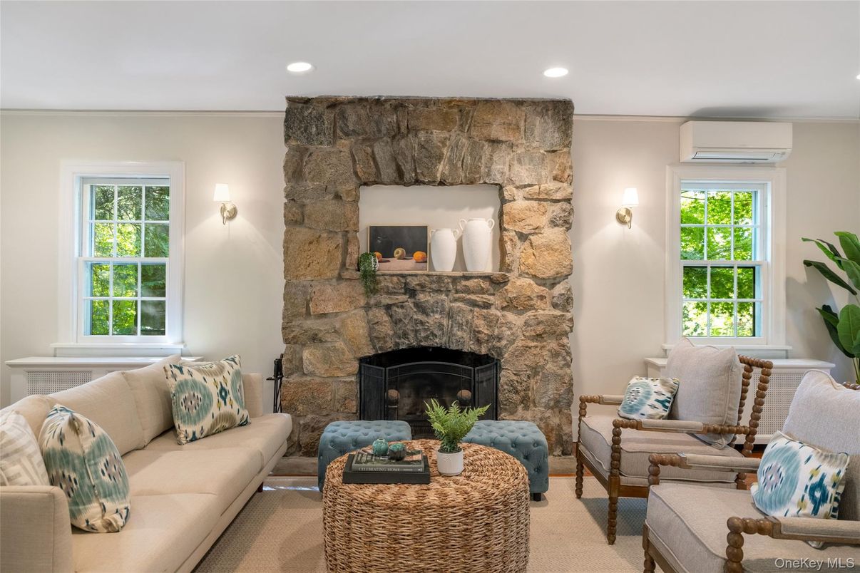 Fireplace, Interior, Living room, Recessed Lighting, Stone Walls