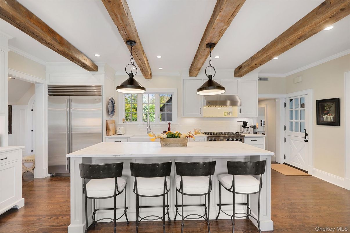 Interior, Kitchen, Pendant Lights, Recessed Lighting, Stainless Steel Appliances, Wooden Beams, Wood Texture Flooring